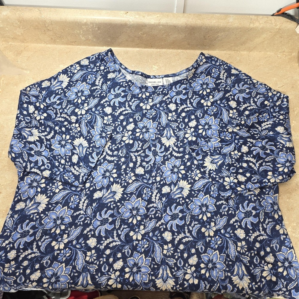 Rachel Zoe Linen Top Women 2X Blue Floral Scoop Neck Tunic Beachy Coastal Resort - Picture 4 of 11